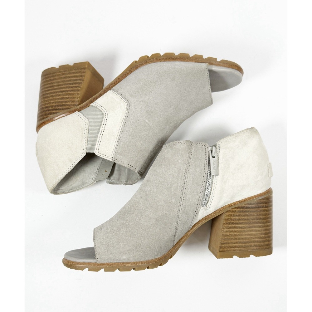 Sorel Nadia Peep Toe Bootie Suede Leather Block Heel Chunky Boho Gray Size 9.5 - Picture 5 of 14